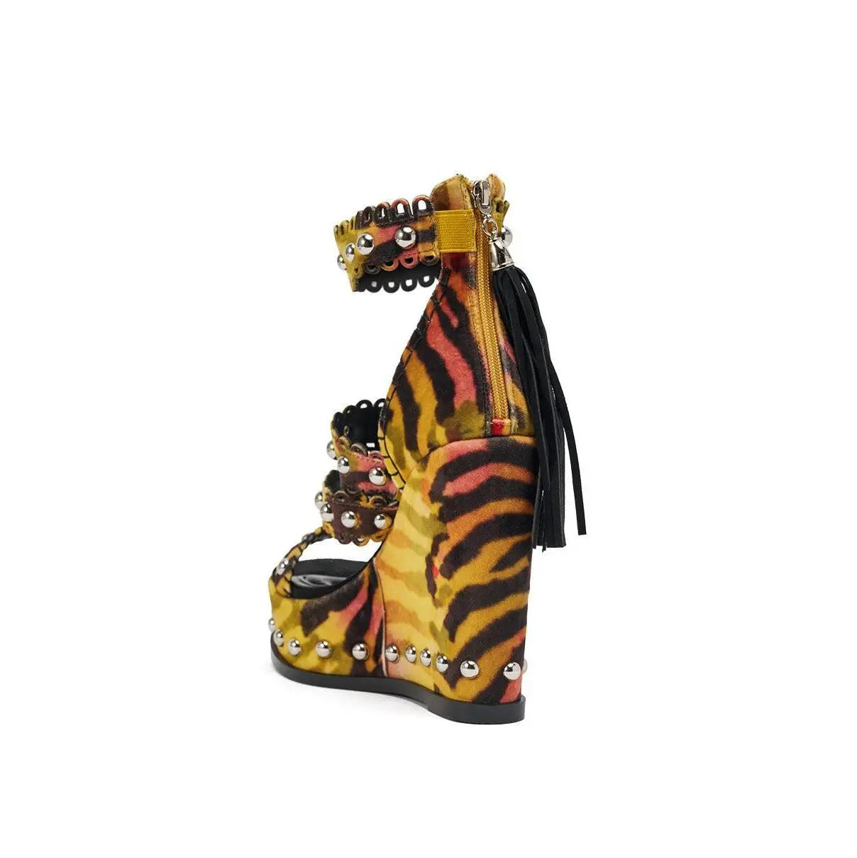 AKIRA GOLD ZANIA TIGER MULTI PRINT FRINGE EMBELLISHED WEDGE SANDAL