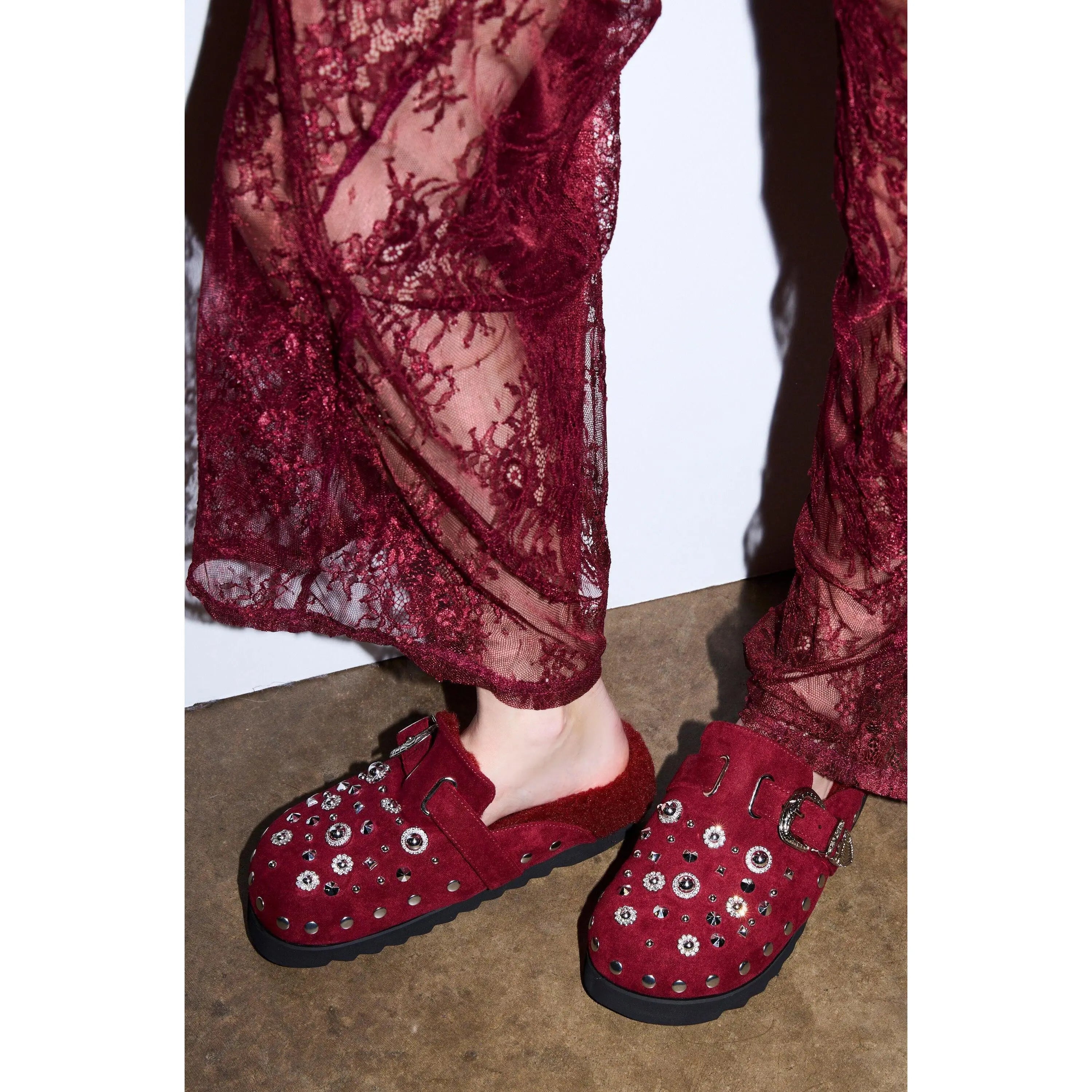AZALEA WANG CHATTER BURGUNDY FUR SLIP on CLOG