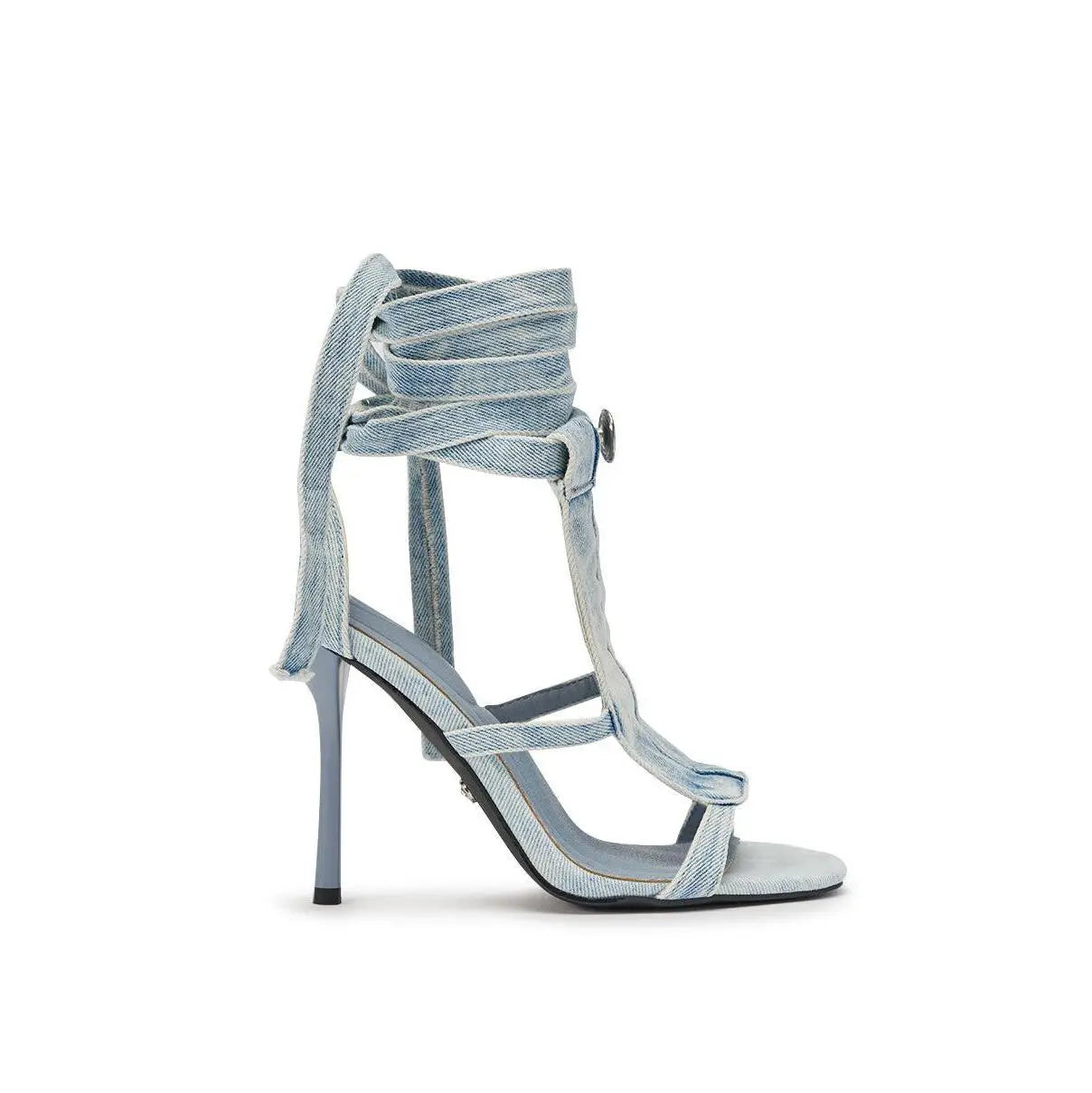 AKIRA GOLD NORMA JEAN DENIM STRAPPY STILETTO SANDAL