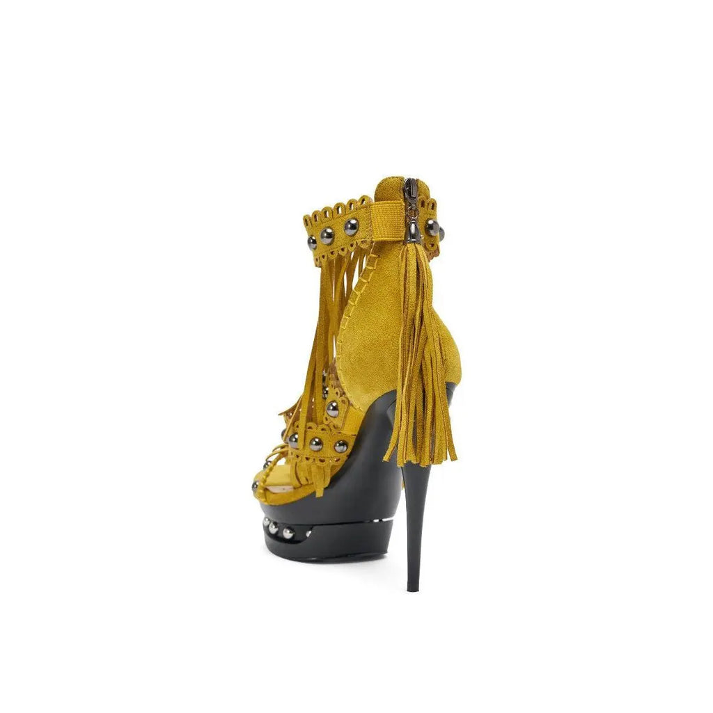 AKIRA GOLD MAROVA MUSTARD NOVELTY PLATFORM FRINGE EMBELLISHED SANDAL