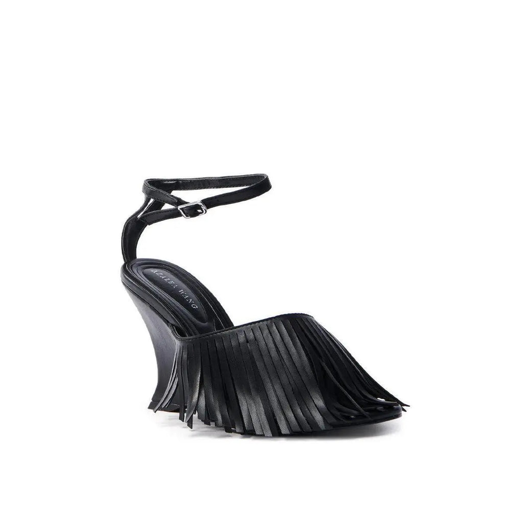 AZALEA WANG FASCIA BLACK FRINGE WEDGE SANDAL