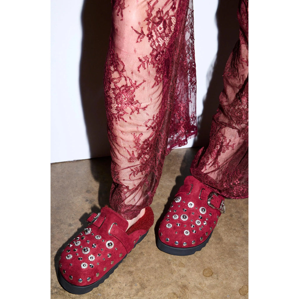 AZALEA WANG CHATTER BURGUNDY FUR SLIP on CLOG