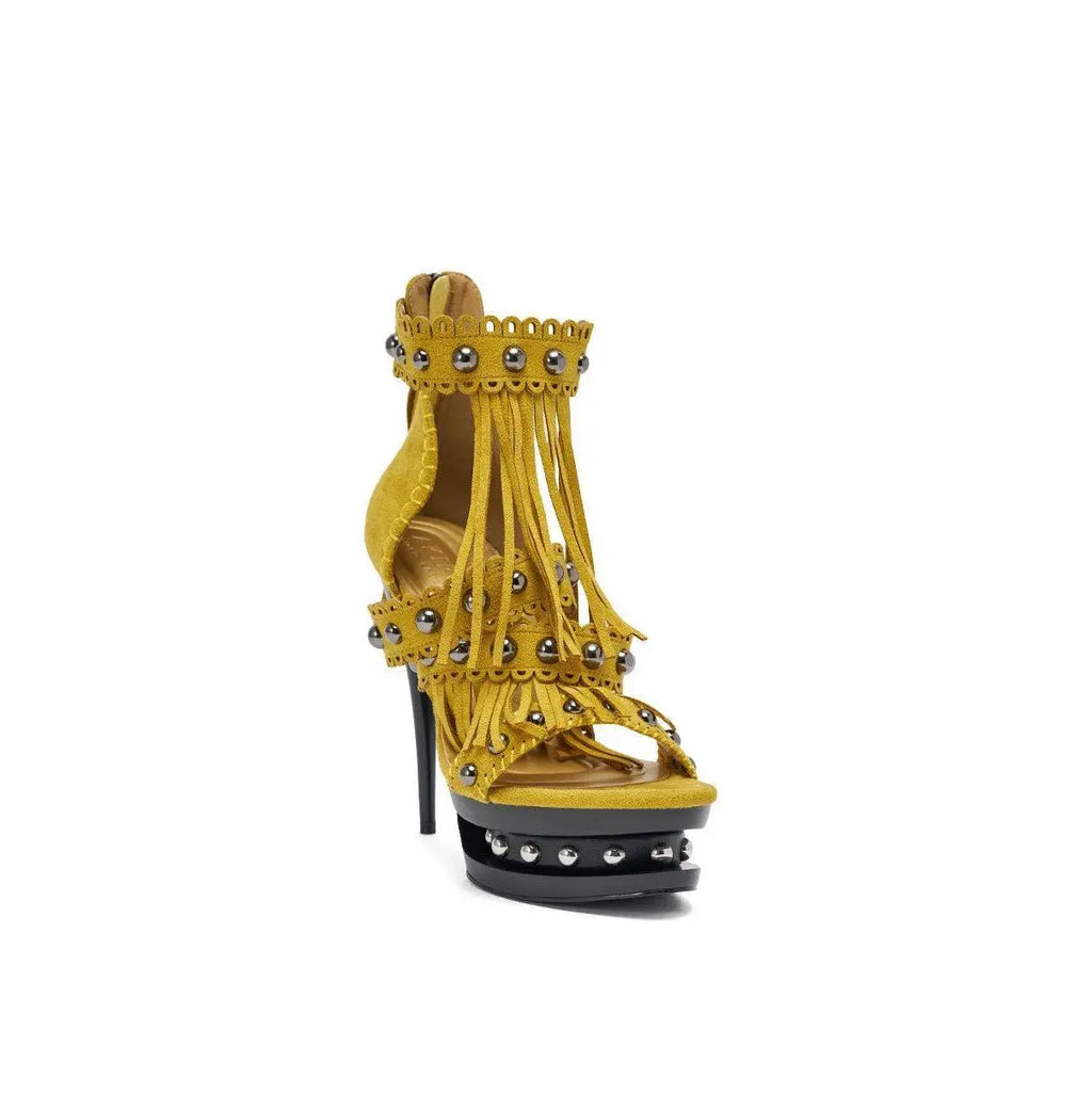 AKIRA GOLD MAROVA MUSTARD NOVELTY PLATFORM FRINGE EMBELLISHED SANDAL