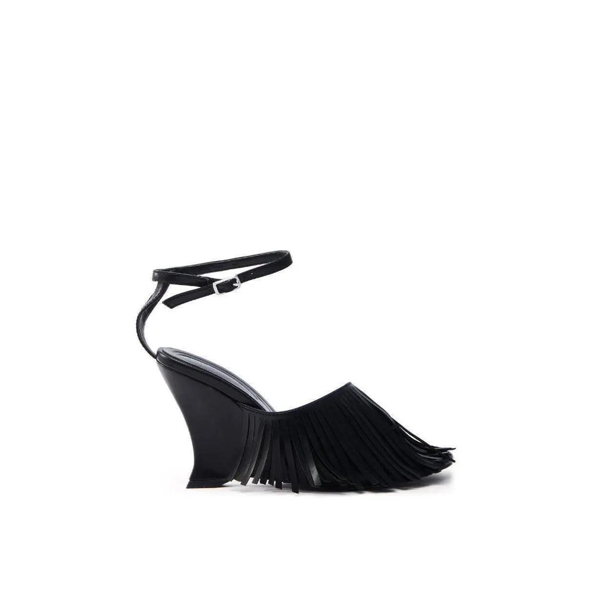 AZALEA WANG FASCIA BLACK FRINGE WEDGE SANDAL