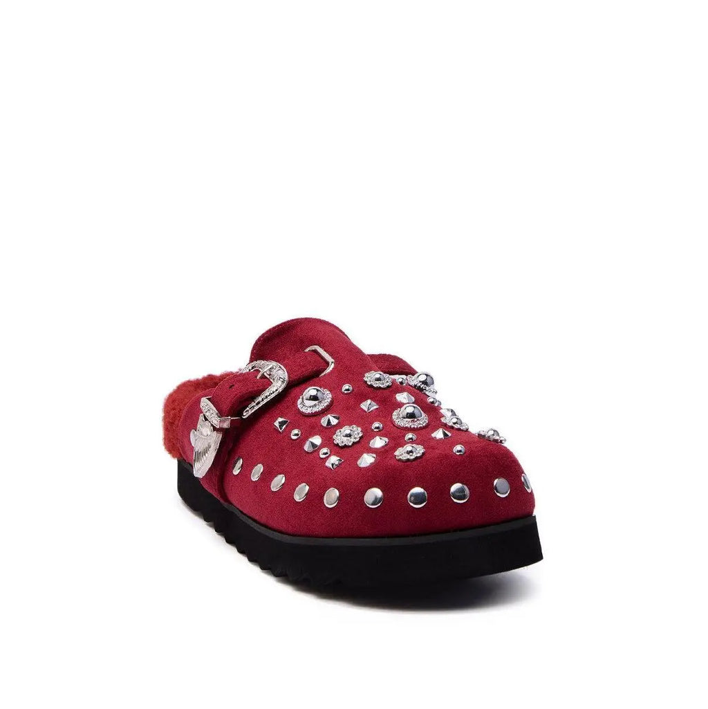 AZALEA WANG CHATTER BURGUNDY FUR SLIP on CLOG