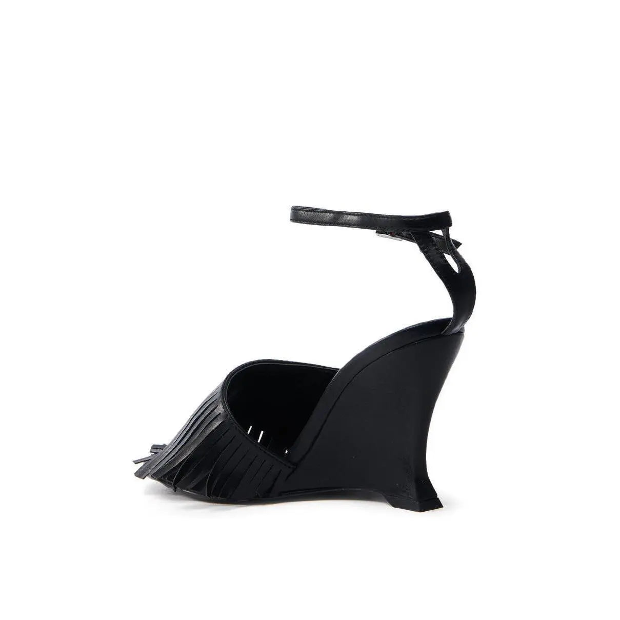 AZALEA WANG FASCIA BLACK FRINGE WEDGE SANDAL