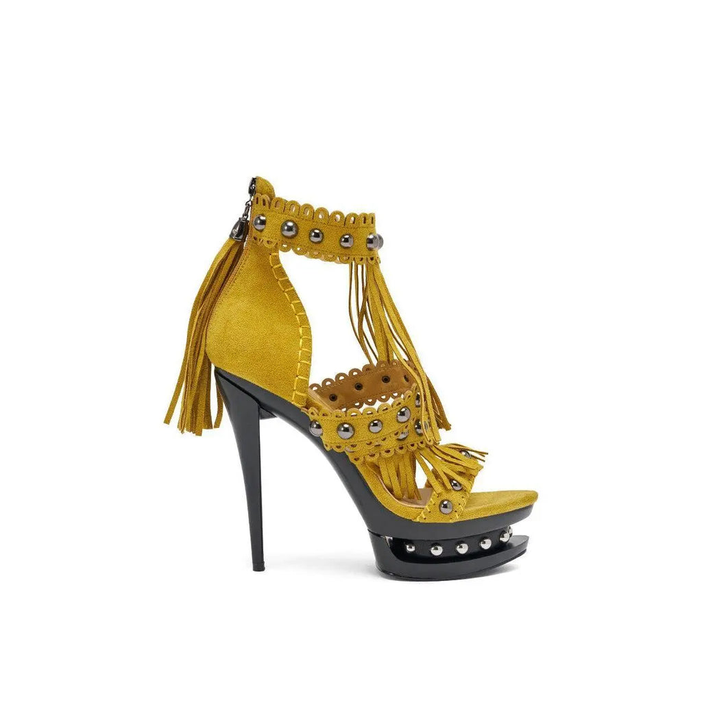 AKIRA GOLD MAROVA MUSTARD NOVELTY PLATFORM FRINGE EMBELLISHED SANDAL