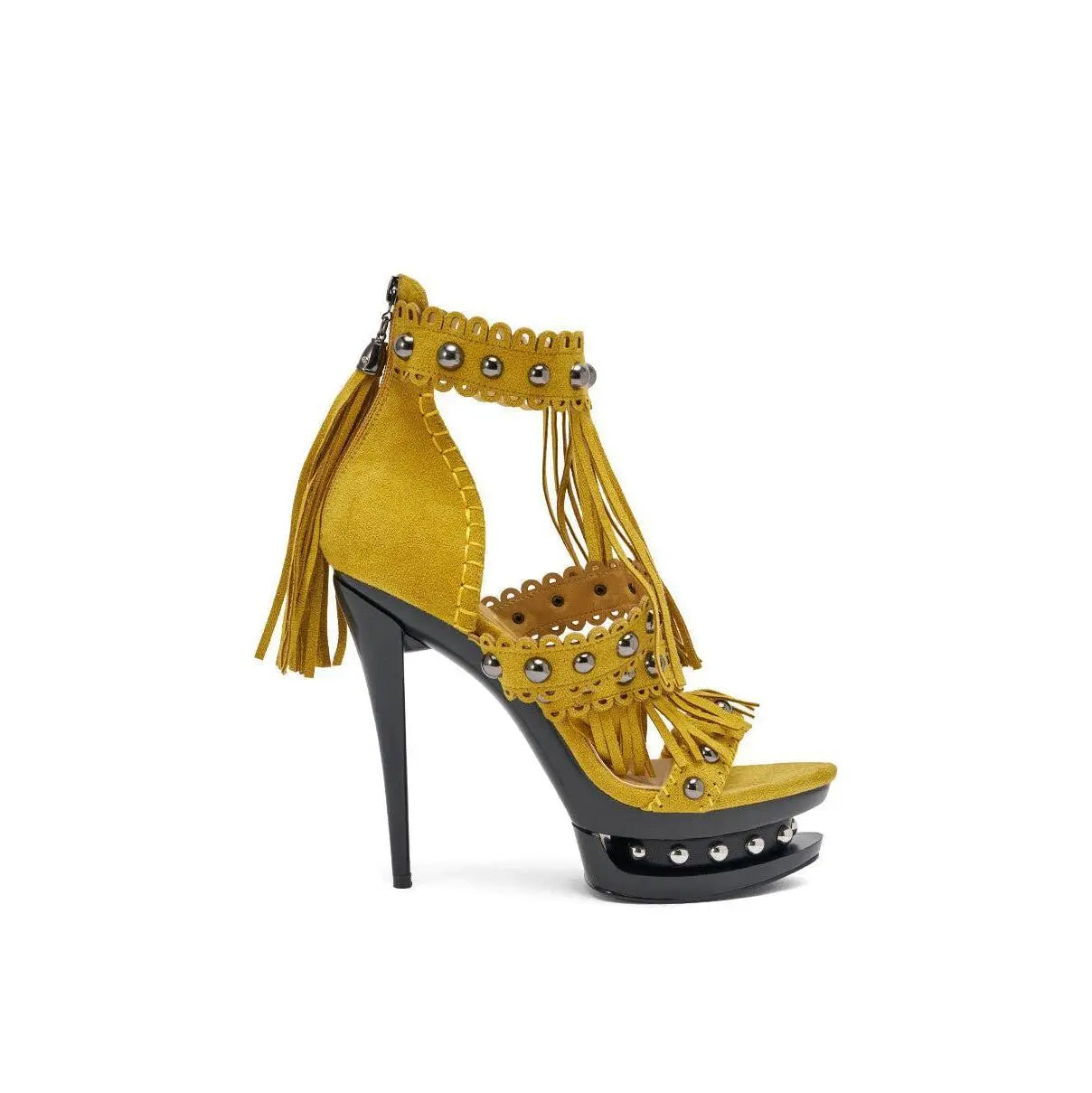 AKIRA GOLD MAROVA MUSTARD NOVELTY PLATFORM FRINGE EMBELLISHED SANDAL
