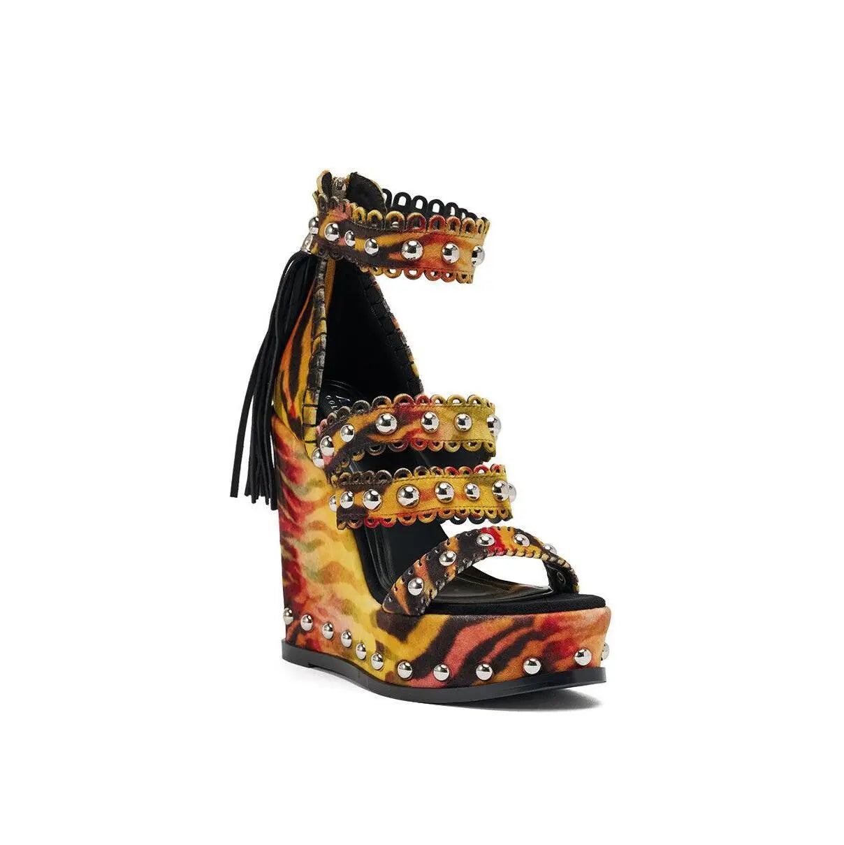 AKIRA GOLD ZANIA TIGER MULTI PRINT FRINGE EMBELLISHED WEDGE SANDAL