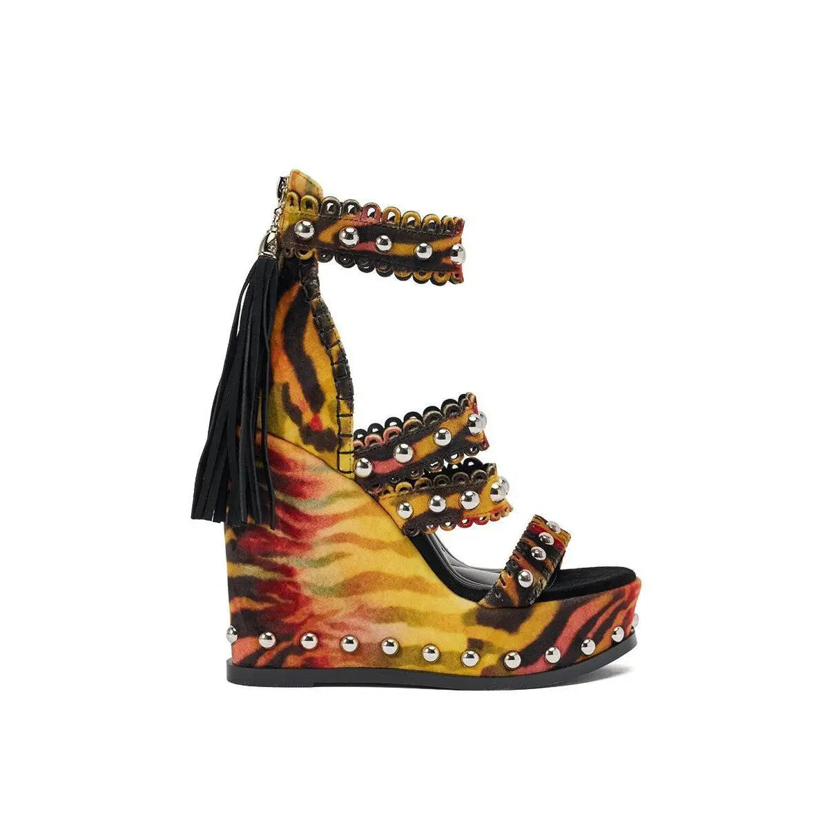 AKIRA GOLD ZANIA TIGER MULTI PRINT FRINGE EMBELLISHED WEDGE SANDAL