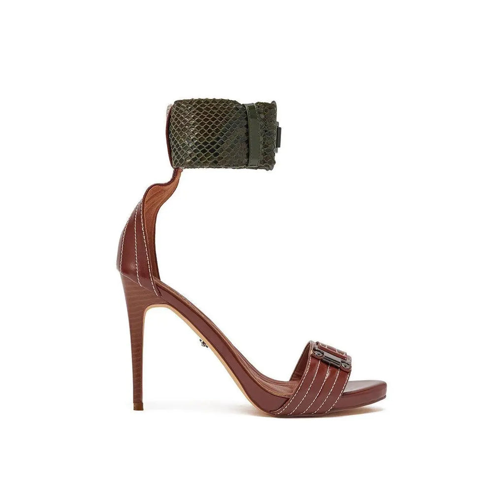 AKIRA GOLD ELEGY BROWN CROC BUCKLE HARDWARE STILETTO SANDAL