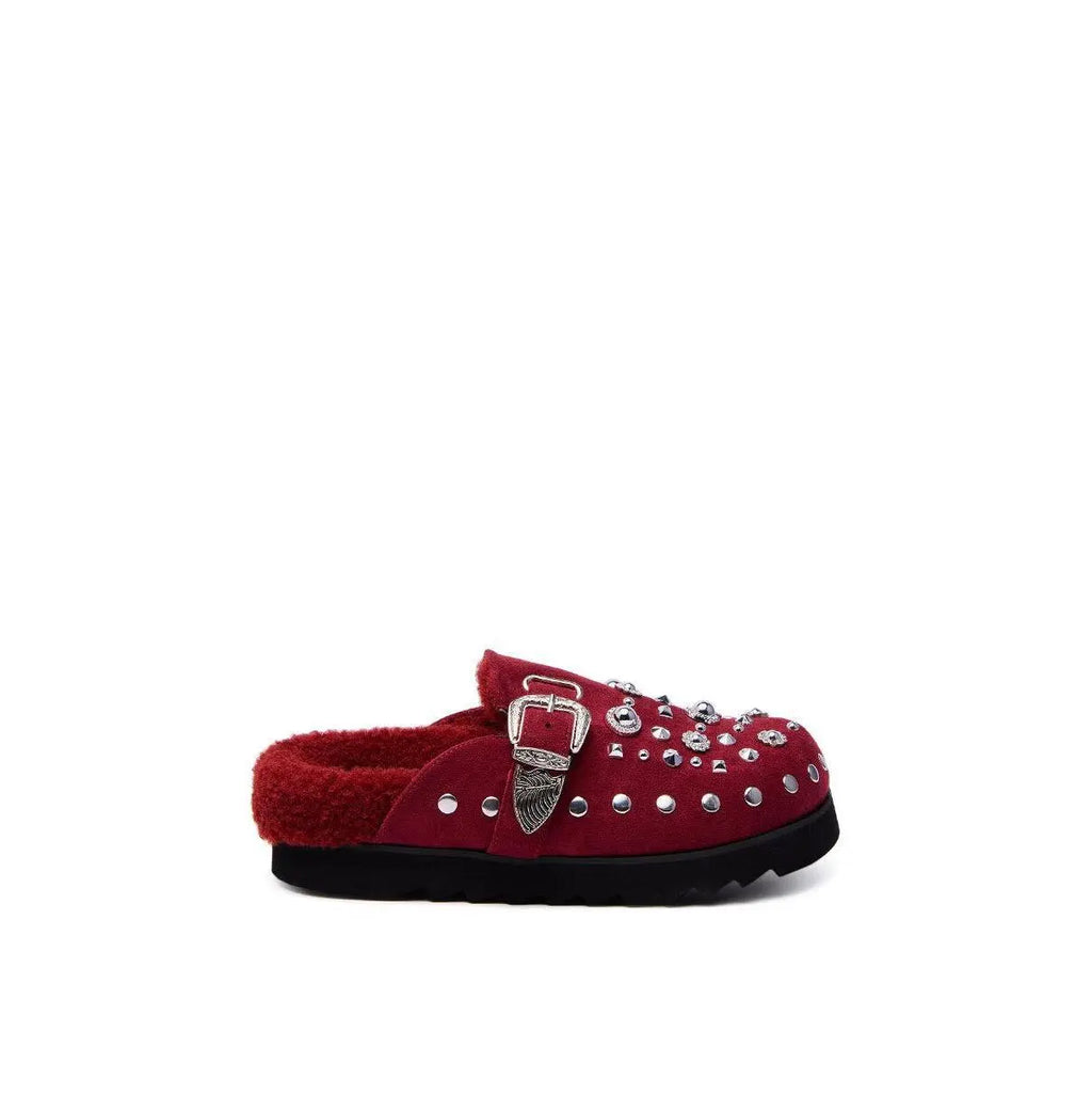 AZALEA WANG CHATTER BURGUNDY FUR SLIP on CLOG
