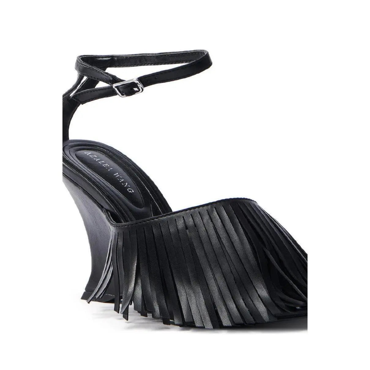 AZALEA WANG FASCIA BLACK FRINGE WEDGE SANDAL