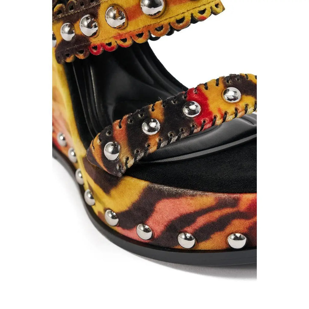 AKIRA GOLD ZANIA TIGER MULTI PRINT FRINGE EMBELLISHED WEDGE SANDAL