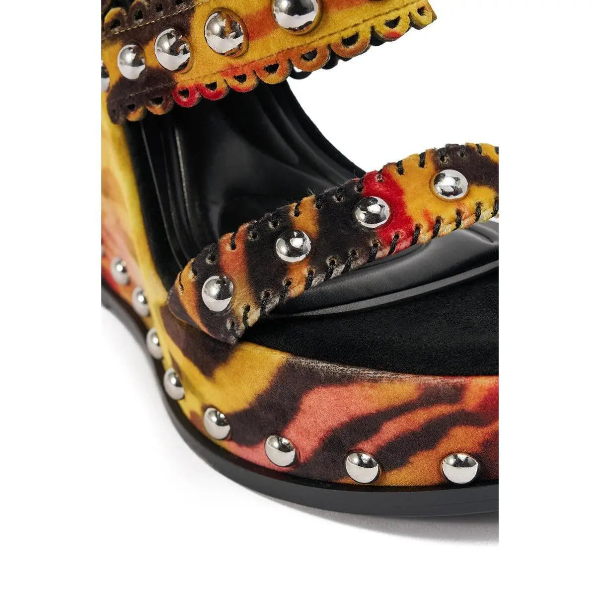 AKIRA GOLD ZANIA TIGER MULTI PRINT FRINGE EMBELLISHED WEDGE SANDAL